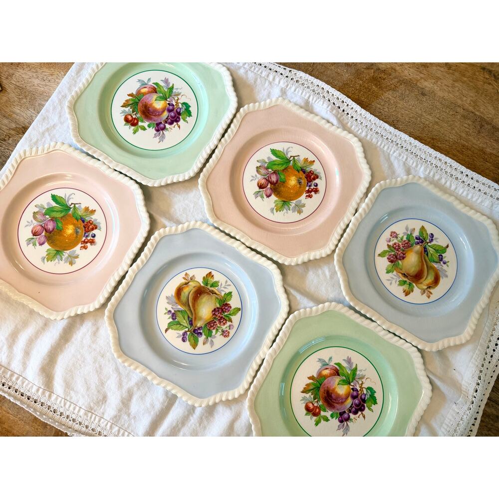 Johnson Bros Old English 6 Pastel Fruit Dessert Plates Green Pink Blue England - Picture 8 of 9